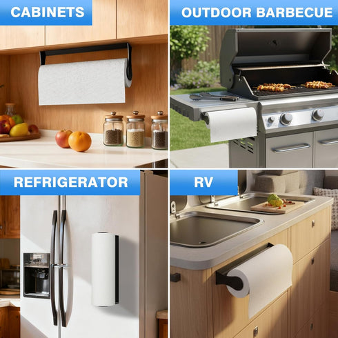 Counter Paper Towel Holder Under Cabinet, Black, Adhesive & Wall Mount, Under Paper Towel Rack for Kitchen