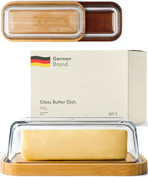 KIVY Glass Butter Dish with Airtight Lid - For Countertop and Refrigerator Door Shelf, Covered Butter Holder
