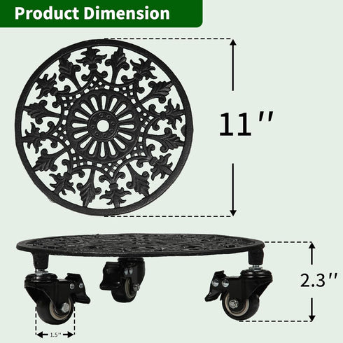 GARGENTOL 1 Pack 11 Inch Rolling Plant Stand with Wheels, Heavy Duty Metal Plant Caddy Wrought Iron Plant Dolly Outdoor