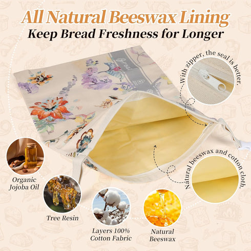 Fusnugk Set Reuseable Beeswax Bread Bags for Sourdough with Bowl Cover -Organic Cotton Beeswax bread bags for Homemade