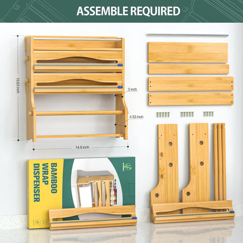 Shelf,4 1 12" Foil Plastic Wrap Organizer Dispenser - Wall Mounted Bamboo Kitchen Paper Towel Holder with Spice in Roll