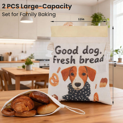 2 Pack (1217 Beeswax Bread Bags for Homemade Bread & Sourdough, Reusable XL Bread Bag in) Eco Linen Cotton Storage, Zip