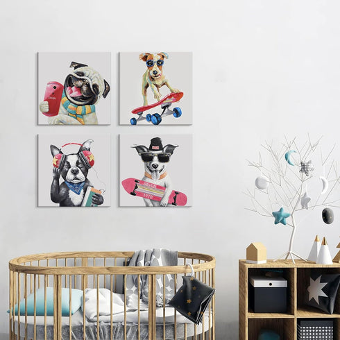 12'' 12'' 4 SEVEN WALL ARTS Colorful Gallery Pet Canvas Painting Puppy Artwork Abstract Hip-hop Dog Cartoon Picture