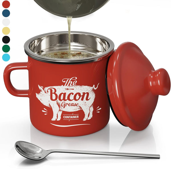 PGYARD Mini Bacon Grease Container With Strainer - 15OZ Enamel Grease Saver,