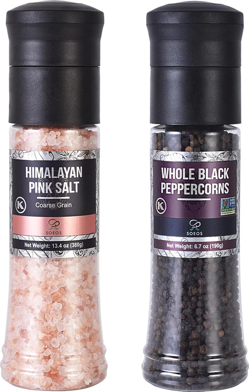 Soeos Whole Black Peppercorns, 6.7oz (190g) and Himalayan Pink Salt, 13.4oz (380g),