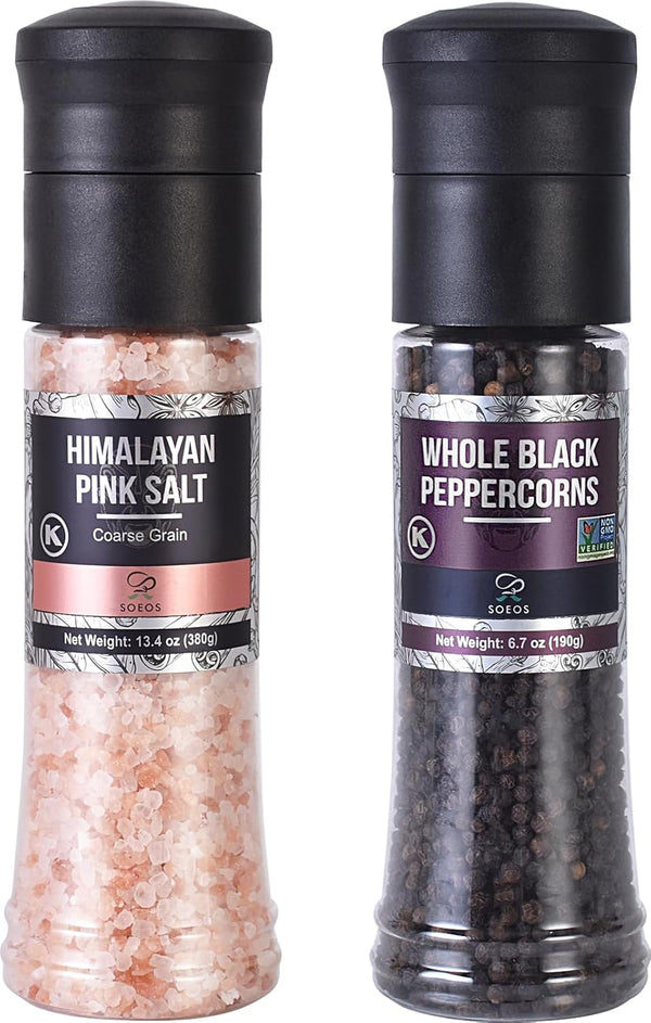 Soeos Whole Black Peppercorns, 6.7oz (190g) and Himalayan Pink Salt, 13.4oz (380g),