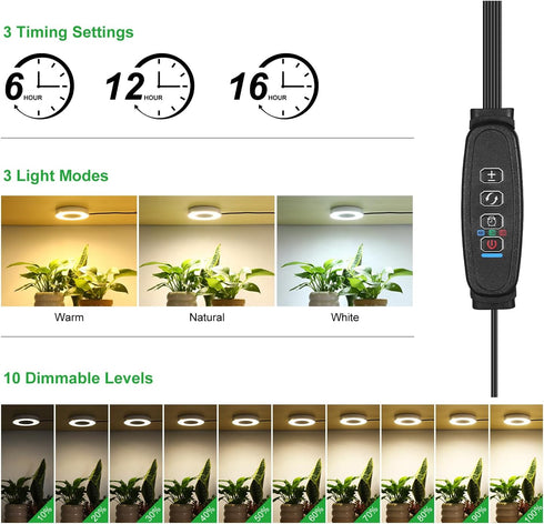 3 3000K+6000K 6/12/16H 3 10 Dimmable Head White Halo Angel Ring Ceiling LED Plant Growth Lights for Shelf, Full