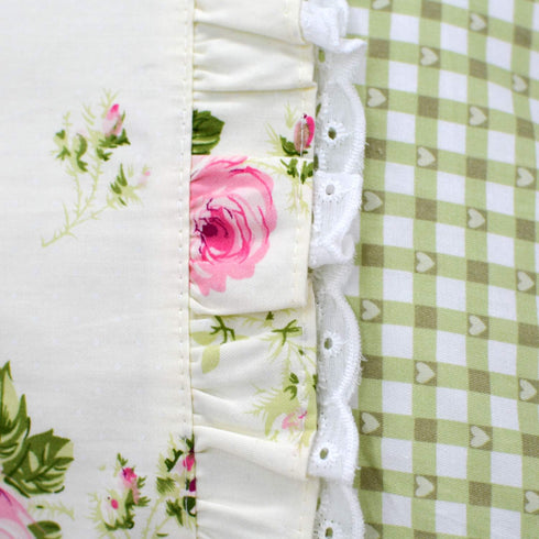 FADFAY Farmhouse Style Pillowcases, Pink Rosetta Printed Gold with Green Plaid, 100% Cotton Vintage Lace Ruffles