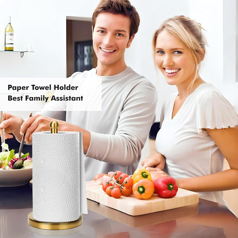 Paper Towel Holder Stand with Sturdy Base - Fits Standard and Jumbo Sized Paper Towels, Countertop, Gold