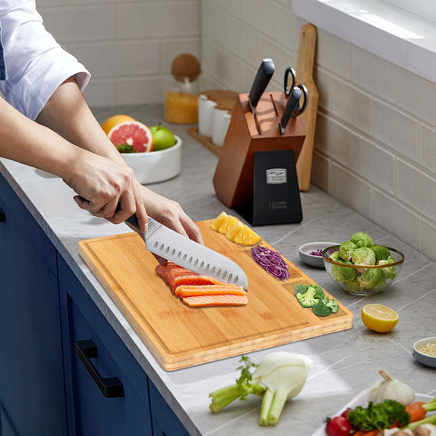 Large Bamboo Cutting Board with Built-In 3 Compartments and Juice Grooves, 17 x 12.6" Charcuterie Board for Kitchen