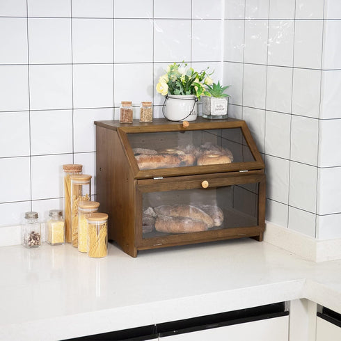 Counter, HOMEKOKO Double Layer Large Bread Box for Kitchen Wooden Large Capacity Bread Storage Bin (Brown)