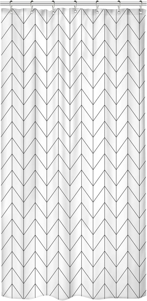 Riyidecor Small Stall White Black Half Single RV Camper Shower Curtain 39x72 Inch, Chevron Herringbone Geometric Decor