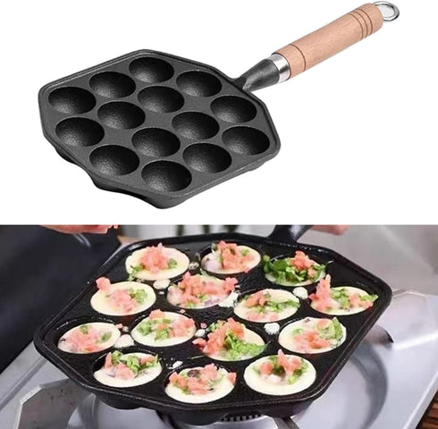 Takoyaki Pan, 14 Holes Cast Iron Nonstick Grill Pan, Detachable Handle, Octopus Meat Balls Maker