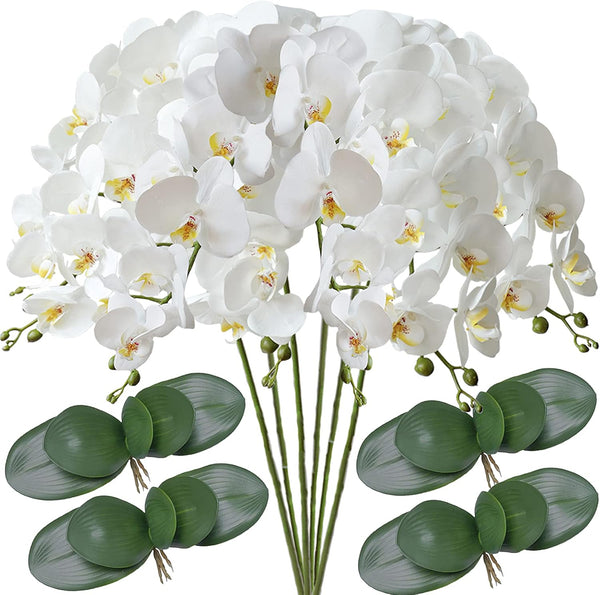 FagusHome 32" Artificial Phalaenopsis Flowers, 6 Pcs with 4 Bundles Leaves for Home Décor