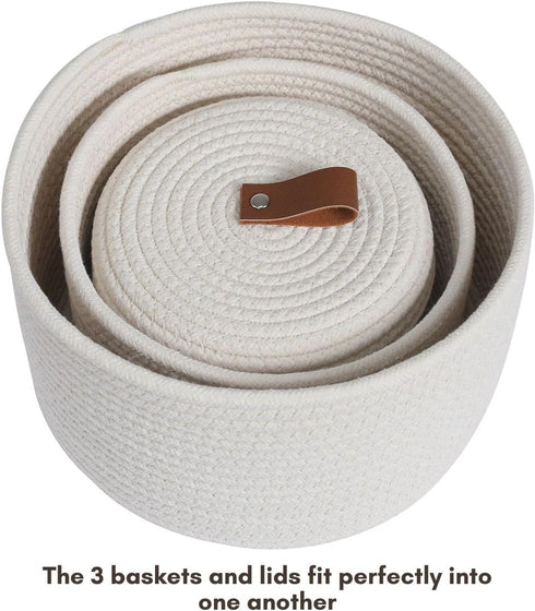 Cottonphant Set of 3 Stylish Round Woven Baskets with Lids - Elegant Storage Solution for Home Decor, Off White