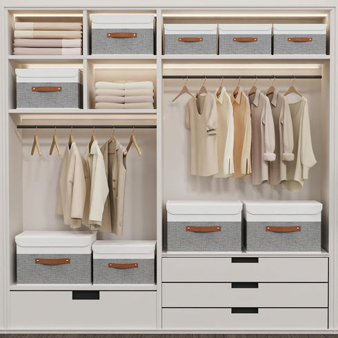 Yawinhe Storage Boxes with Lids, Linen Fabric Bin, Cube Organizer Basket, Washable, White/Grey, 1-Pack