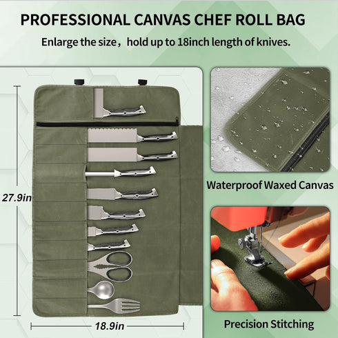 Chef Knife Roll Bag,Waterproof Waxed Canvas Knife Case Holds,Knives Roll Bags for Chefs Professional with Adjustable Strap,Chef Backpack with 11 Knife Slots and a Large Zippered Pocket