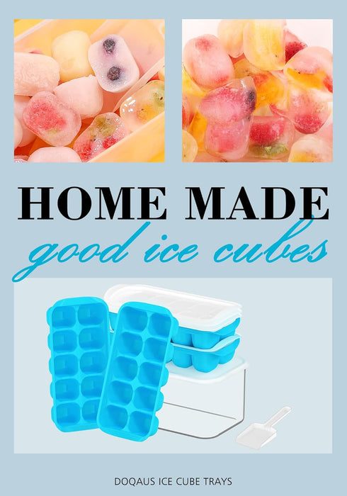 DOQAUS Ice Cube Tray with Lid and Bin, 4 Pack Easy Ice Pop Out Silicone Ice Cube Trays for Freezer, Stackable Storage