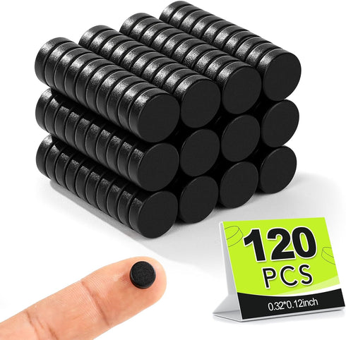 Small Magnets, 120 Pack Black Neodymium Refrigerator Magnets 8x3mm for Crafts, Whiteboard, Kitchen Cabinet