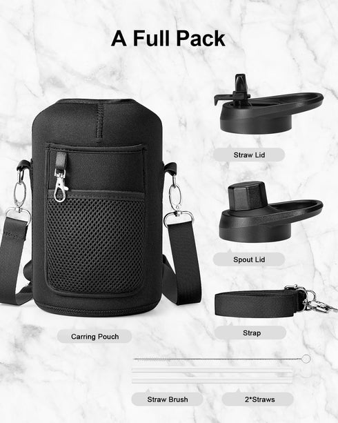 Trebo Insulated Water Bottle 64oz, with Handle and Straw Spout Lids, Half Gallon Stainless Steel Vacuum Flask, Black