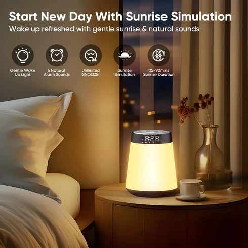 AGQQ 21 12 Dimmable Sunrise Alarm Clock with Wake Up Light & White Noise Machine - Soothing Sounds, Color Night Lights