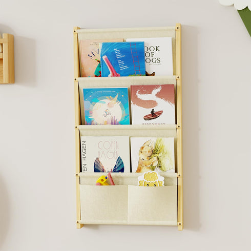 BPMFDTNL 4-Tier Wood Wall Mounted Kids Bookshelf Floating Book Shelf For Kids Rooms,Nursery & Classroom, Hanging