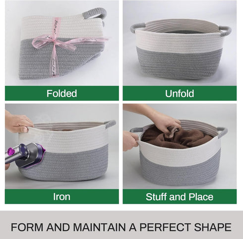 Cotton Rope Storage Basket with Handles, Medium Home Decor Basket, 17"L x 12.5"W x 8.5"H, Gray