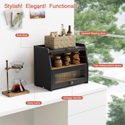 Goozii Countertop, Counter Large Bread Box for Kitchen Black Bread Storage Container for Homemade Bread, Double Layer