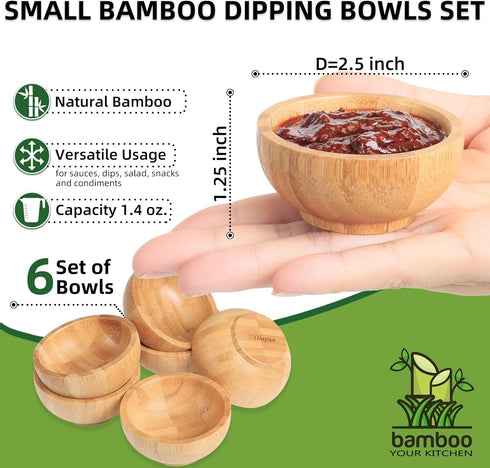 Dipping Bowls Set, Small Bamboo Sauce Cups for Soy Sauce/Condiment, Reusable Round Side Dish Bowls (Wood Color 1.4 oz.)
