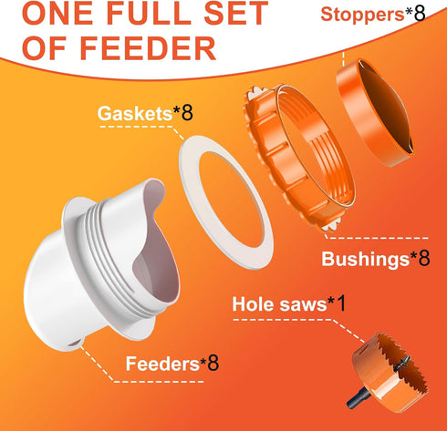 8 ZenxyHoC DIY Chicken Feeders No Waste, Ports Poultry Feeder with Hole Saw for Buckets Troughs Orange