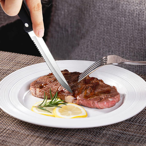 Set of 6 Steak Knives, Black Full-Tang Triple Rivet Serrated Stainless Steel Flatware, 4.5 Inches, Dishwasher Safe