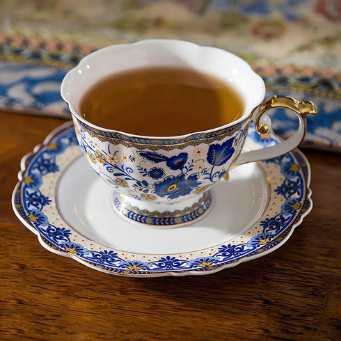 ACMLIFE 6.8 oz Set, Bone China Tea Cups and Saucers, Tea Cup and Saucer with Gold Trim and Gift Box, Blue and White