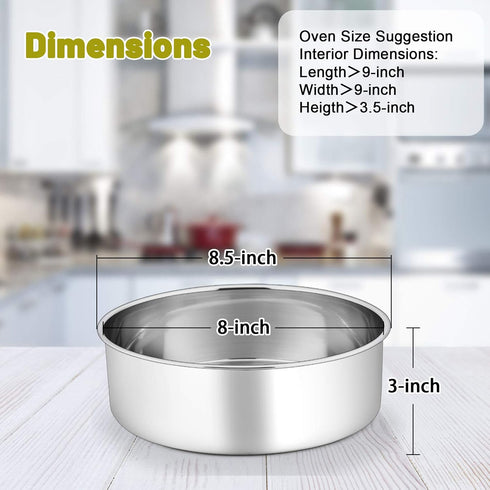 P&P CHEF 8 x 3 Inch Cake Pans Set of 2, Round Baking Pan Stainless Steel Layer Birthday Wedding Cake Oven Pans, Non Toxic & Heavy Duty, Deep Side & Mirror Finish, Easy Clean & Dishwasher Safe