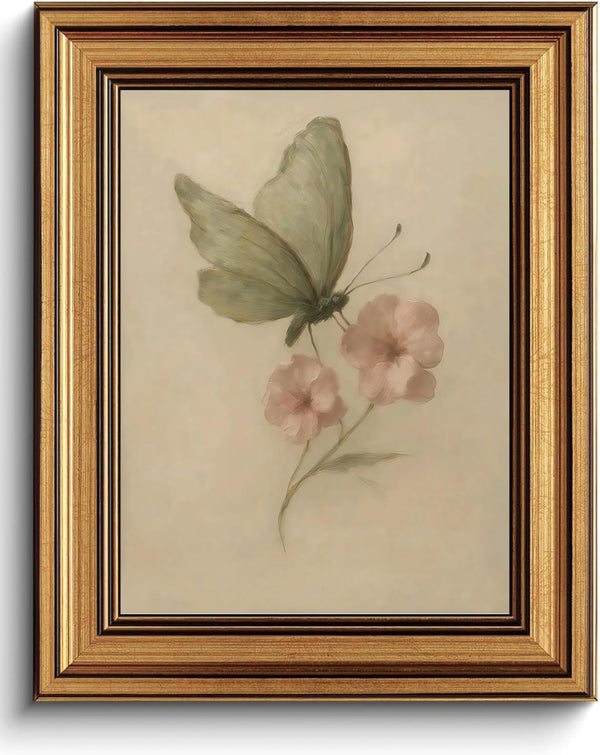 ZTZMYSU Gold Framed Wall Art Vintage Butterfly Canvas Art Prints Floral Nursery Pictures
