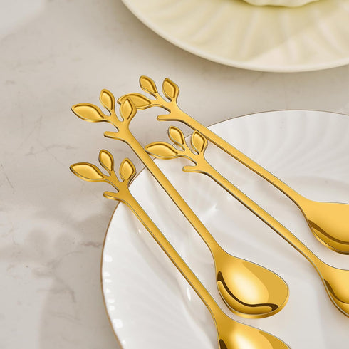 AnSaw Elegant Gold Leaf Coffee Spoons - 10-Piece Mini Stainless Steel Espresso & Dessert Spoons (4.7")