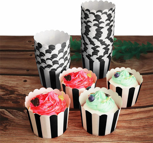 100 Pack Black and White Stripes Muffin Liners - Elegant Baking Cups for Cupcakes, Birthday Parties, Weddings