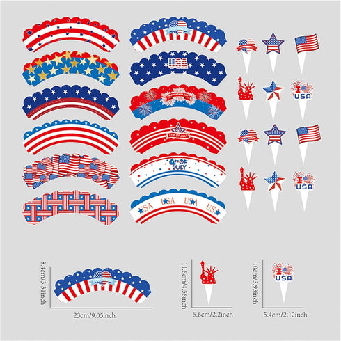 24 PCS 4th of July Cupcake Toppers, USA Patriotic Cupcake Liners for Cake Decoration Supplies