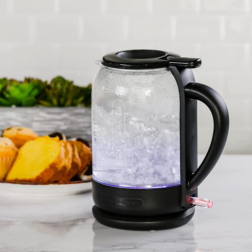 OVENTE Electric Glass Kettle 1.5 Liter, 1500W Instant Hot Water Boiler with ProntoFill Tech, Black KG516B