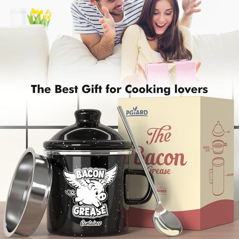15OZ 15OZ) PGYARD Mini Bacon Grease Container With Strainer - Farmhouse Enamel Grease Saver (Black