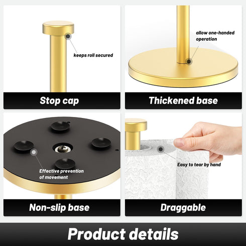 Gold Paper Towel Holder, VEHHE Stand with Weighted Base, Countertop Paper Towel Holder with Suction Cups