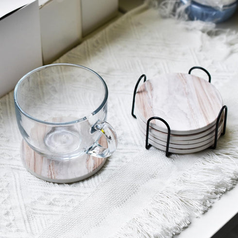 Hoewina 6Pcs Set 4 Inches Drink Coasters with Holder, Marble Style Ceramic Drink Coaster, Absorbent Coasters Suitable