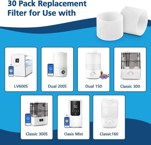 30-Pack Top Fill Humidifier Replacement Filters for LEVOIT Classic160, Dual150, Dual200S, and More