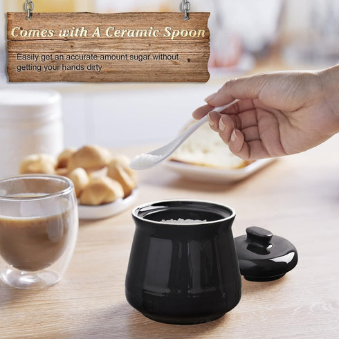 Sugar Bowl with Lid and Spoon, 12 oz Ceramic Sugar Container for Coffee Bar, Modern Kitchen Decor, Black Sugar Jar