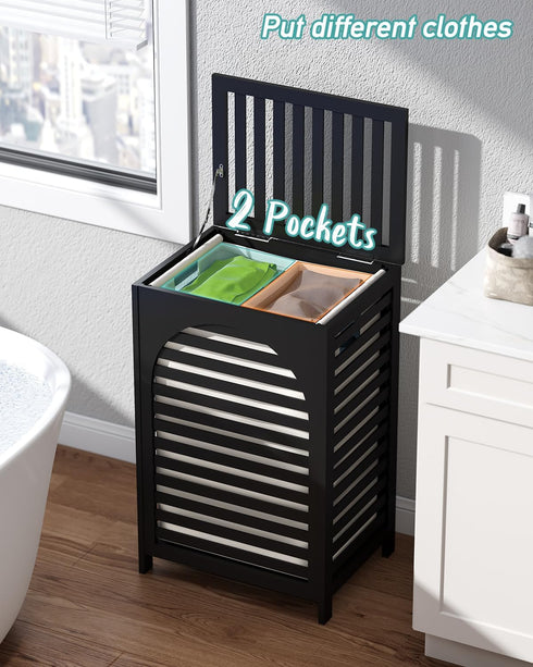 Black Laundry Hamper with Lid, 22.5 Gallon (85L) Bamboo Wood Clothes Basket, Removable Liner and Handles