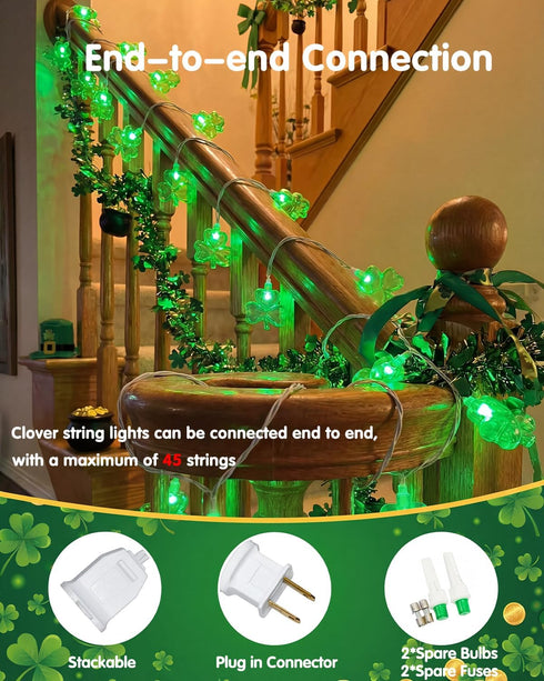 8.5Ft 10 SUNSGNE Shamrock String Lights St. Patrick's Day Lights, Outdoor Patio String Light with LED Green Shamrock