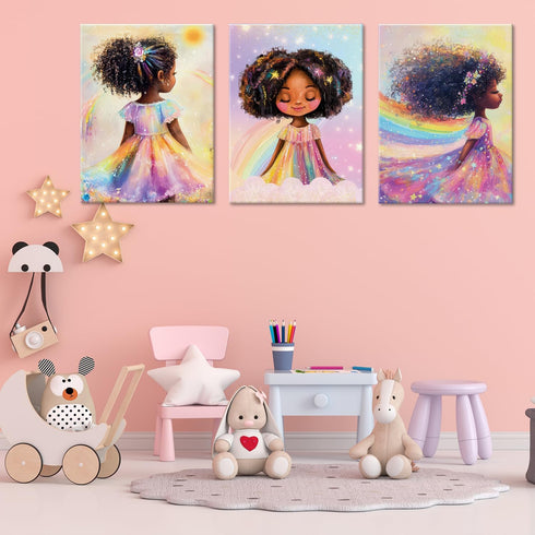 ouiytws Set Prints,Framed12 16inches X3piece Black Girl Princess Wall Art, Rainbow Hair Girl Painting,Cute Afro Girls
