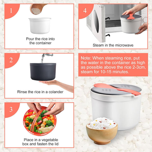 2L Microwave Rice Cooker, 2 Layer Vegetable Steamer with Strainer, Non-Stick Pasta Cooker, Dishwasher Safe
