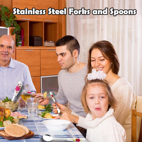 14 Pcs Dessert Forks and Spoons Set, Stainless Steel Cutlery with Porcelain Handles for Cake, Tea, Pastry, Dessert,