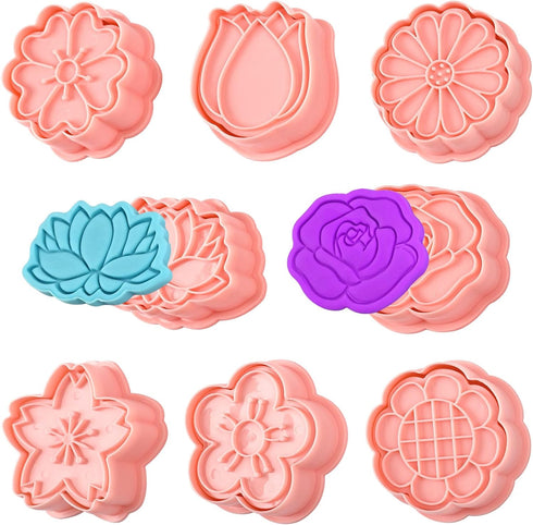 8 Pack Flower Cookie Cutters, 3D Cookie Cutter with Plunger Stamp, 8