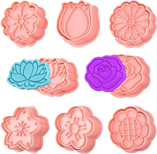 8 Pack Flower Cookie Cutters, 3D Cookie Cutter with Plunger Stamp, 8